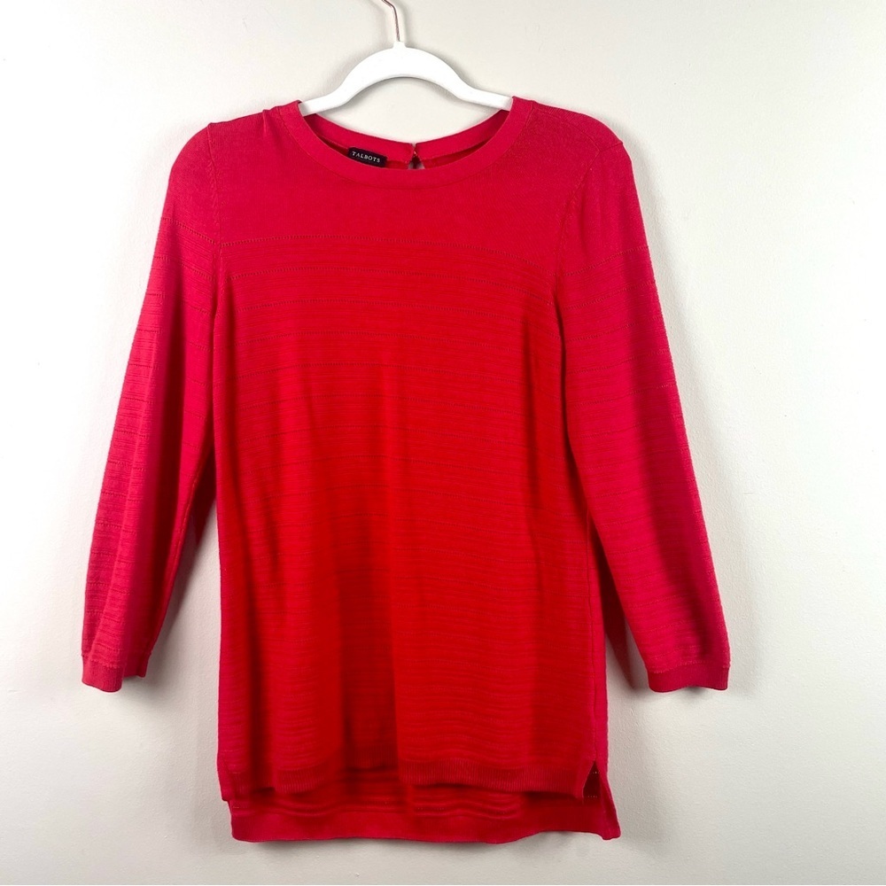 Talbots Red Pointelle Tunic Sweater Hi-Lo Hem Keyhole Neck Size Small‎